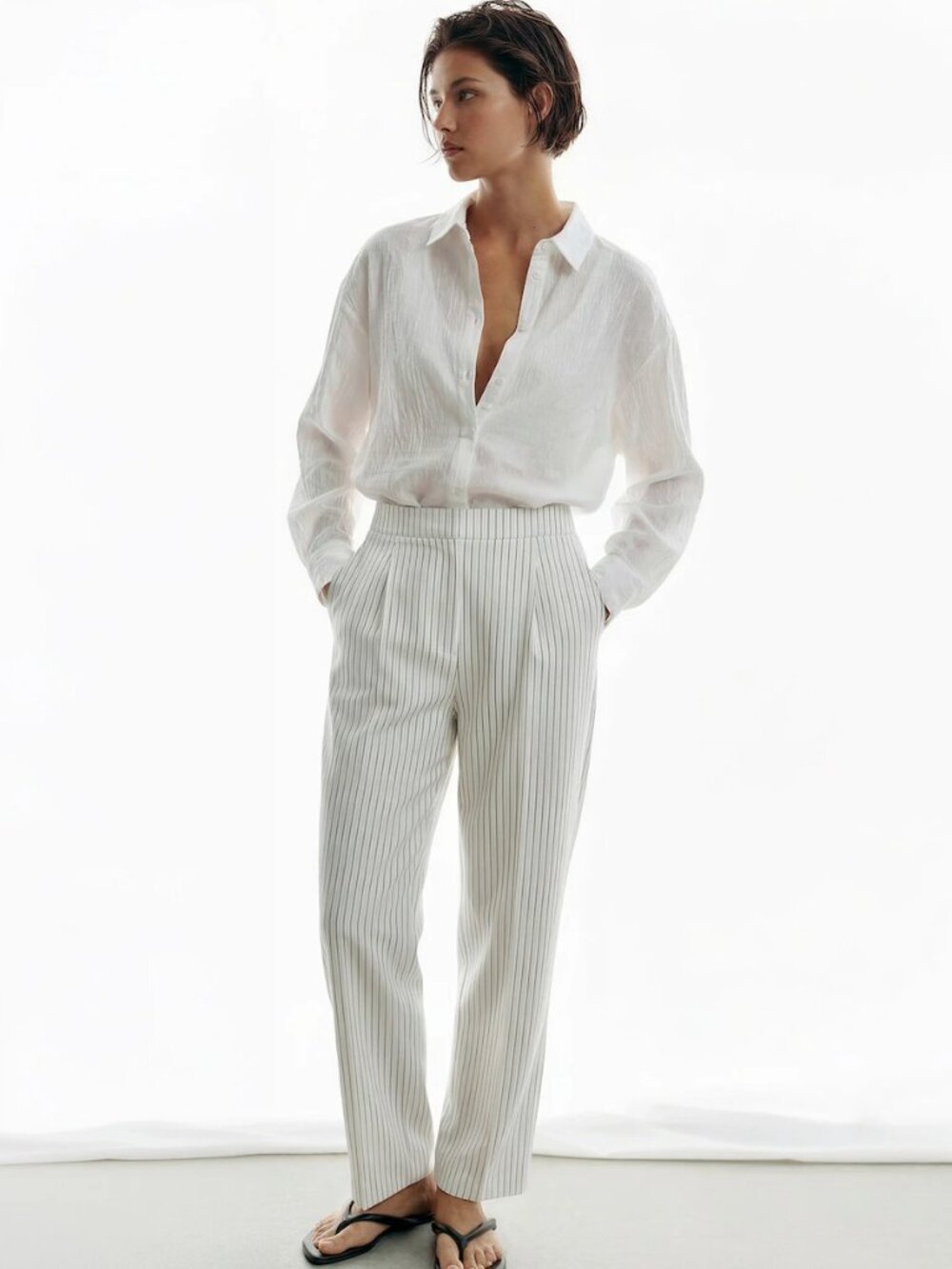New York & Co Off White Long Sleeve Lightweight Sheer Cotton Button Down Shirt
